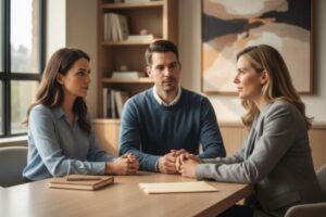 Estate planning attorney meeting with a couple to discuss wills and long-term planning in Kansas and Missouri.