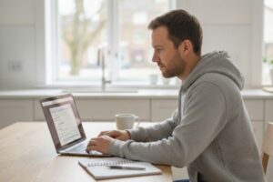 man using laptop in the kitchen 