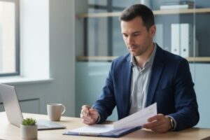 a responsible adult reviewing legal documents at a clean desk in a modern office.