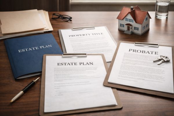 Estate planning documents with house model representing probate and out-of-state property ownership