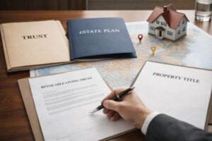 Estate planning documents with house model representing strategies to avoid probate and transfer property