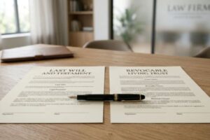 last will and testatment paper and Revocable living trust with a pen in the center