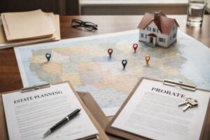 probate and estate planning paper with a map with pin and small house