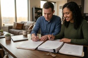 young adult couple signing the papers