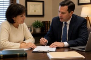 A probate attorney reviews estate documents with a family member in a calm office setting, offering guidance during the probate planning process.