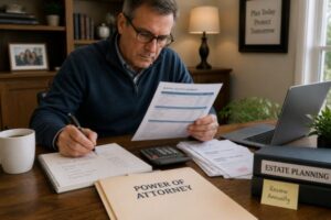 Agent reviewing financial records and power of attorney documents in Kansas