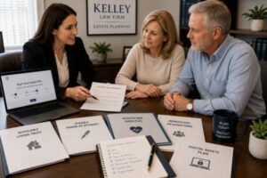 An estate planning attorney sitting with a couple at a desk, reviewing several organized estate planning documents