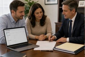 Estate planning attorney reviewing an online will and printed documents with a couple during a consultation