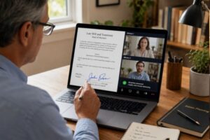 Missouri resident electronically signing a Last Will and Testament while two witnesses observe remotely by video call