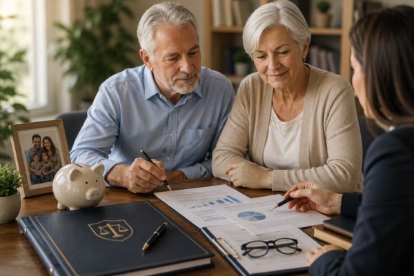 Older couple reviewing retirement and estate planning documents with a financial advisor.