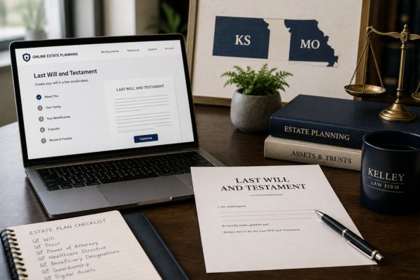 Online will displayed on a laptop beside a Last Will and Testament, estate planning documents, and Kansas and Missouri state references.