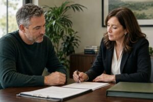 Attorney reviewing estate planning documents with a client to update their will, trust, and financial plans after a major life change.