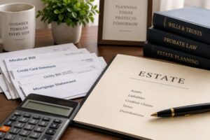 estate paper with bill statement and calculator