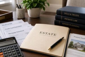 estate-planning-documents-creditor-bills-a-property-deed-and-calculator-representing-debts-and-assets-during-probate