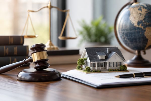 Gavel, estate documents, and home representing probate and out-of-state executor responsibilities.